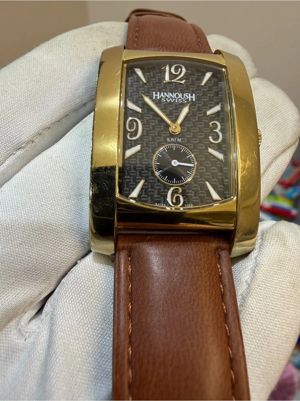 Hannoush Swiss Men's Tank Watch Carbon Fiber Dial Gold Tone Quartz 1069 5ATM